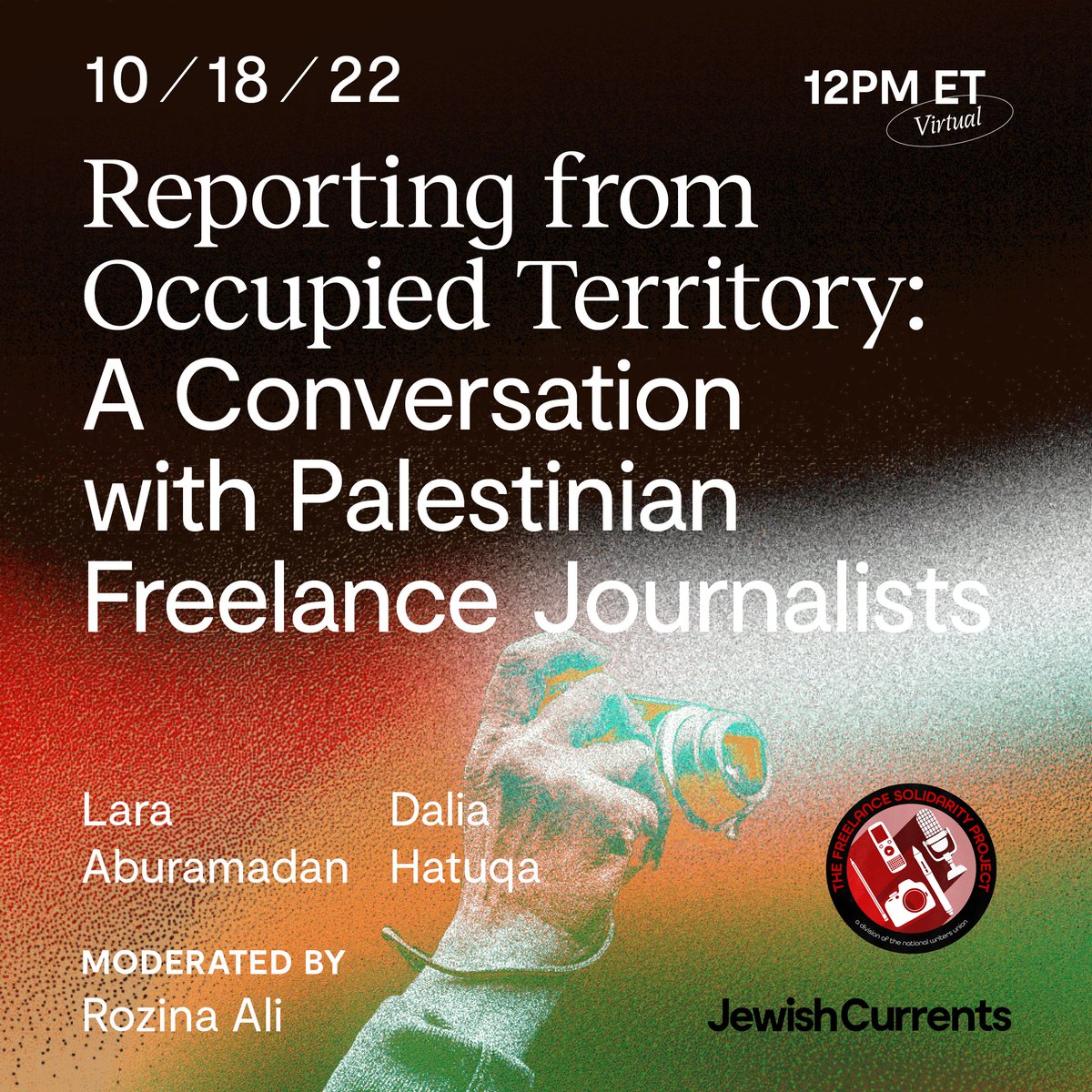Jewish Currents (@jewishcurrents) on Twitter photo What does it look like to report on an occupation? Join journalists <a href="/DaliaHatuqa/">Dalia Hatuqa🪬🤌</a>, <a href="/laraaburamadan/">Lara Aburamadan</a>, and <a href="/rozina_ali/">Rozina Ali</a> on 10/18 at 12 pm ET for a conversation about the vital work and the structural vulnerabilities of Palestinian freelance journalists.
jewishcurrents.org/event/reportin… What does it look like to report on an occupation? Join journalists <a href="/DaliaHatuqa/">Dalia Hatuqa🪬🤌</a>, <a href="/laraaburamadan/">Lara Aburamadan</a>, and <a href="/rozina_ali/">Rozina Ali</a> on 10/18 at 12 pm ET for a conversation about the vital work and the structural vulnerabilities of Palestinian freelance journalists.
jewishcurrents.org/event/reportin…
