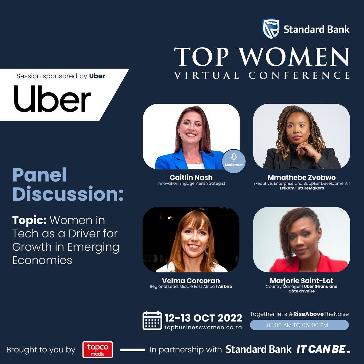 SBTopWomen's tweet photo. Join these @Uber_RSA panellists as they discuss how Women in Tech can be a driver for growth in emerging economies

Get your tickets here: https://t.co/rYL9WsNCZy

#RiseAboveTheNoise #SBTopWomen #TopWomen https://t.co/4BtwsgKHfY