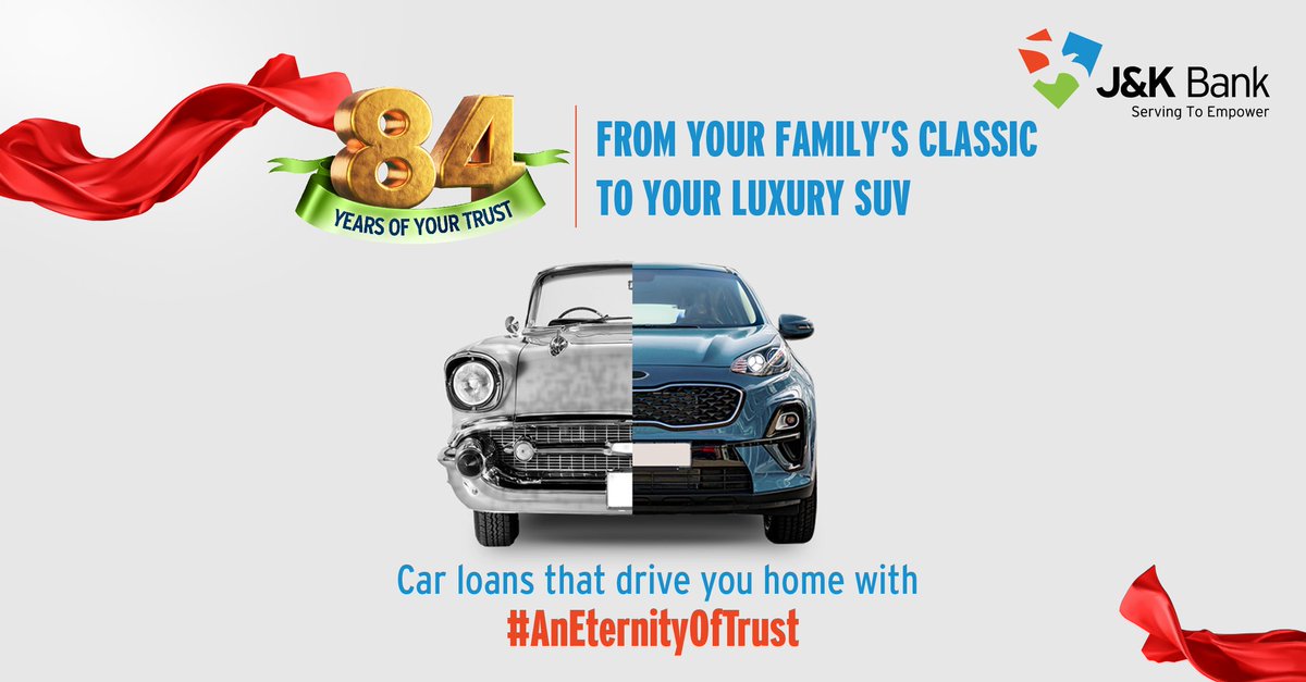 JandKBank's tweet photo. #JKBank Car Loan goes beyond  financial support and builds #AnEternityOfTrust that drives your dreams to reality. This foundation day, we pledge to ensure that your journeys are comfortable and memorable.

#AnEternityOfTrust https://t.co/Uc68tcHJ5Z