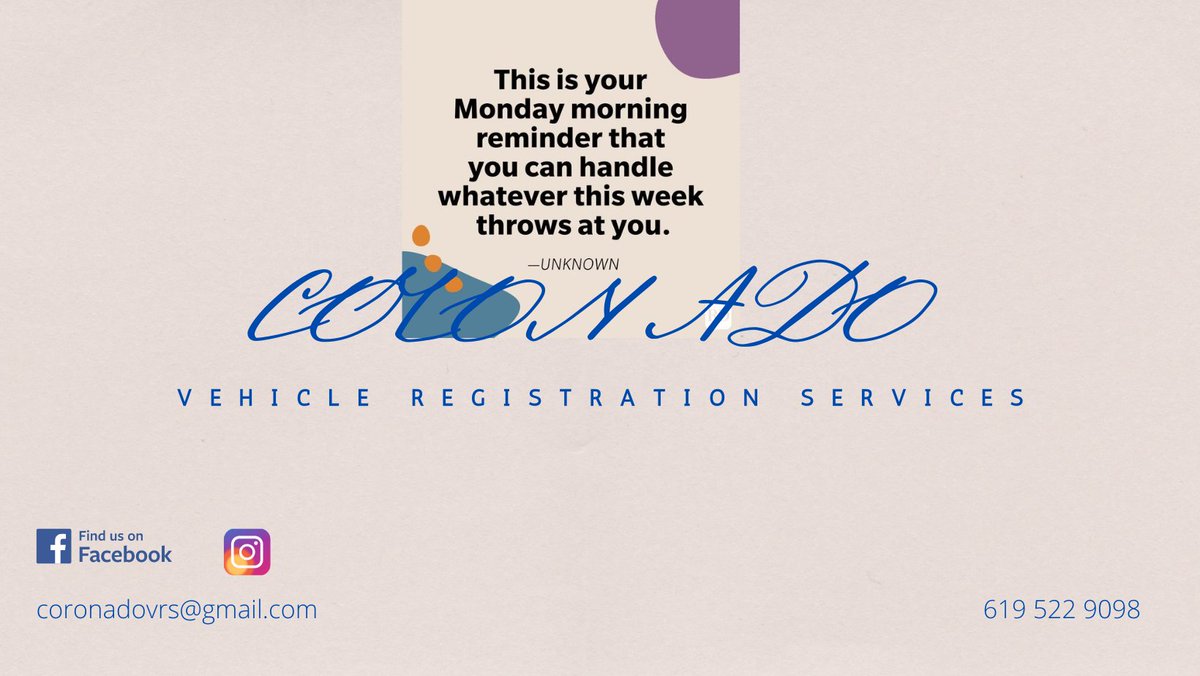 coronadovrs's tweet image. Good morning! Happy Monday everyone!! Did your vehicle registration expired over the weekend??😧📄 📄📄Hurry!!! No penalties added yet, don&apos;t wait for tomorrow!!!
122 𝑩 𝑨𝒗𝒆, 𝑪𝒐𝒓𝒐𝒏𝒂𝒅𝒐 𝑪𝑨 92118
#sandiego #coronadoisland #dmvhelp #HappyMonday