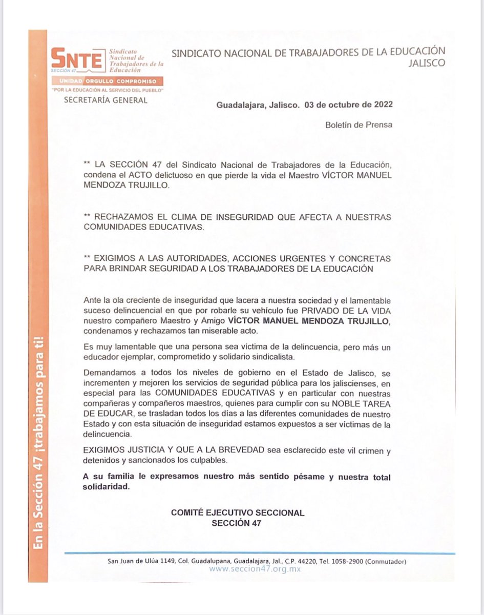 SNTE47Jalisco's tweet photo. La Sección 47 del SNTE Condena el ACTO delictuoso en que pierde la vida el maestro VICTOR MANUEL MENDOZA TRUJILLO. https://t.co/JaSYSLYzBV