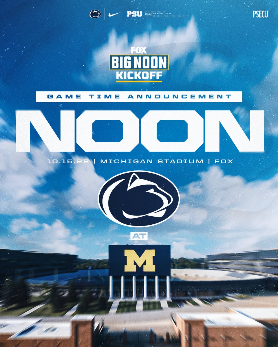 PennStateFball's tweet photo. Michigan.
Big Noon Kickoff.

#WeAre https://t.co/x6jkKn8Yyx