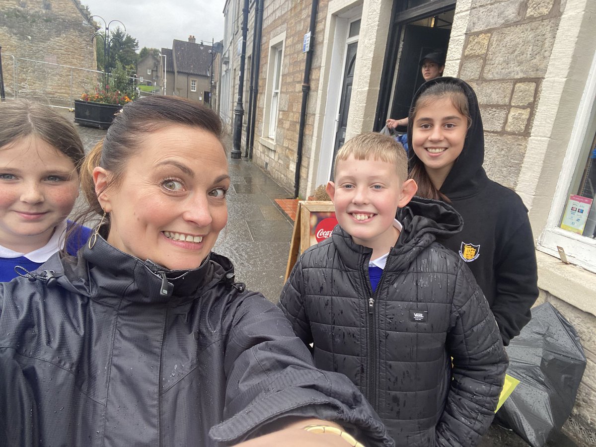 Selfie with my amazing P7 pupil council 🙌🏼 We braved the weather to go around local businesses this afternoon asking them to display posters advertising our open evening on Thursday. We are celebrating 50 years of CPS #community 💙 #authenticwriting #writingforapurpose