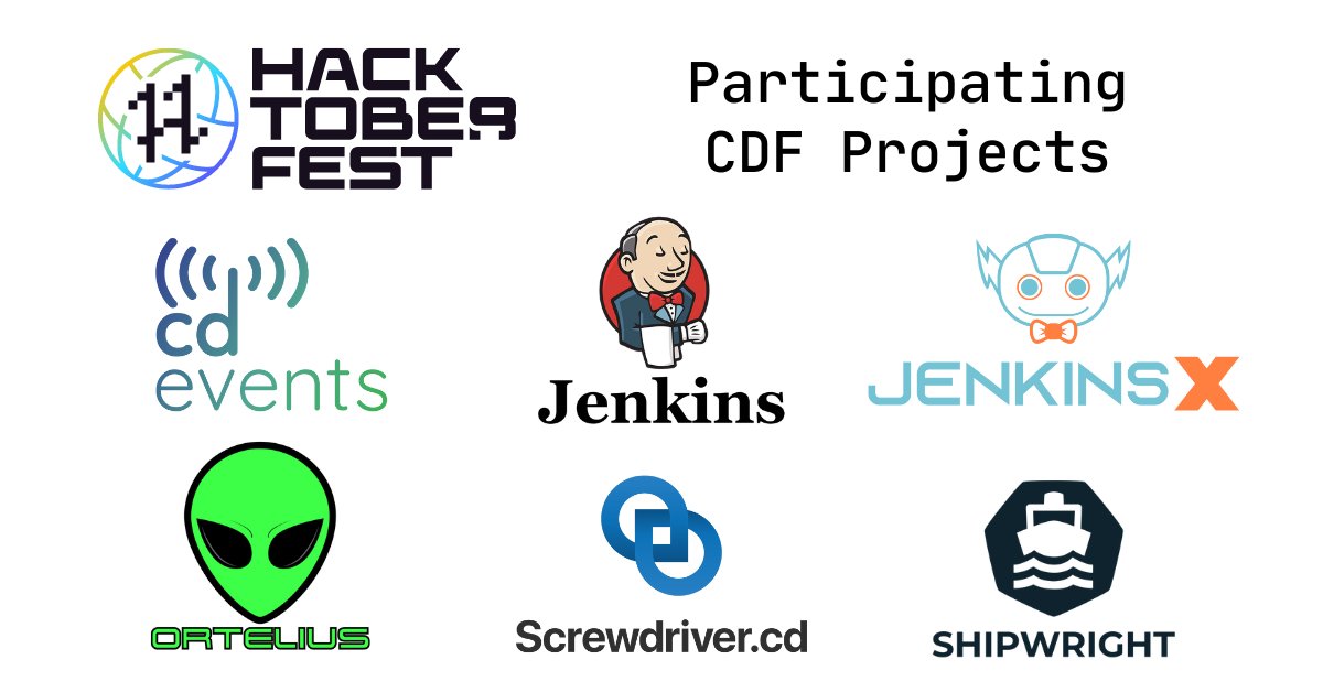 #Hacktoberfest is on! Contribute to a CD Foundation project this month: 🍁🌻 🔸 @_cdevents 🔸 @jenkinsci 🔸 @jenkinsxio 🔸 @OrteliusOs 🔸 @screwdrivercd 🔸 @shipwrightio Get all the details ▶️ hubs.la/Q01nNJX80