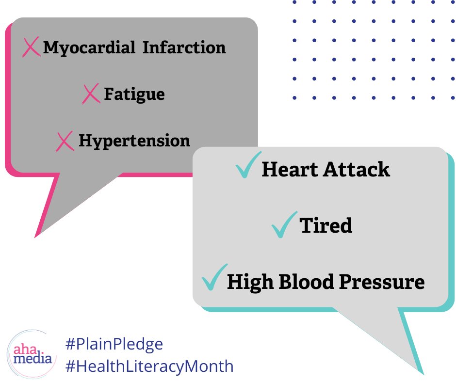 ahamediagroup's tweet photo. Take the @UAMS_CHL #PlainPledge to replace complex medical jargon with customer-centric words. Health literacy begins with plain language. #HealthLiteracyMonth https://t.co/Cx2HLj4NMK