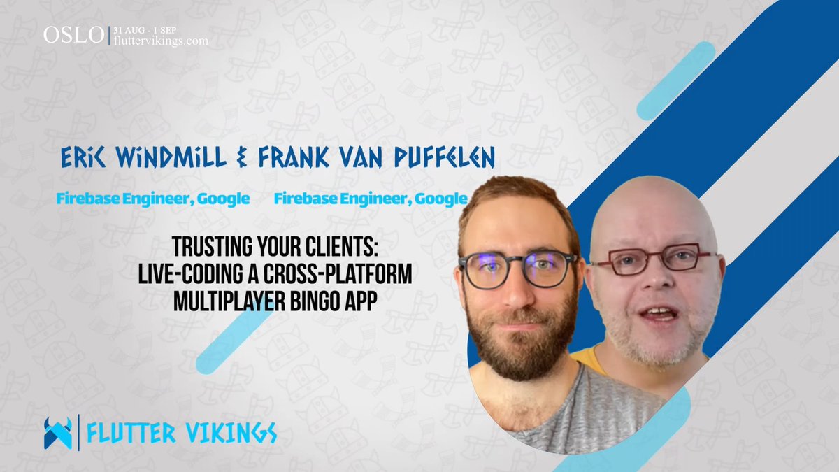 Flutter Vikings Conference (@fluttervikings) on Twitter photo Watch <a href="/puf/">Frank van Puffelen</a> & <a href="/ericwindmill/">Eric Windmill</a> talking about "Trusting your clients: live-coding a cross-platform multiplayer bingo app."
Eric & puf will live-code a multiplayer bingo game in which all clients will communicate safely via Firebase tools, no server needed.
πΏ rli.to/4NgYz Watch <a href="/puf/">Frank van Puffelen</a> & <a href="/ericwindmill/">Eric Windmill</a> talking about "Trusting your clients: live-coding a cross-platform multiplayer bingo app."
Eric & puf will live-code a multiplayer bingo game in which all clients will communicate safely via Firebase tools, no server needed.
πΏ rli.to/4NgYz