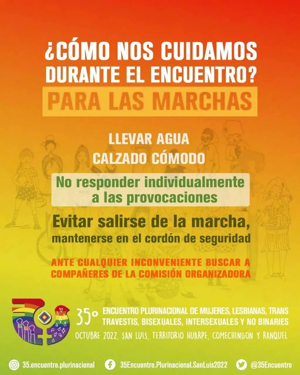 🌈Les compartimos recomendaciones para cuidarse y cuidarnos durante los tres días del encuentro y en las marchas.Para que vayan agendado,  teléfonos útiles:
104  Violencia de género 
107 Emergencias médicas 
911 Bomberxs

💜Les esperamos el 8, 9 y 10 de octubre en  San Luis!