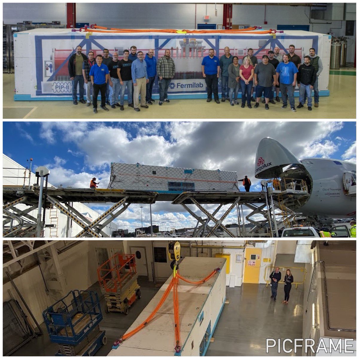 Today the dummy HB650 cryomodule arrived in the UK at #UKRI after its journey from Chicago! We will now analyze the transport data and learn good lessons to apply to the prototype HB650 cryomodule that will follow the same route early next year. Great job #pip2 transport team!