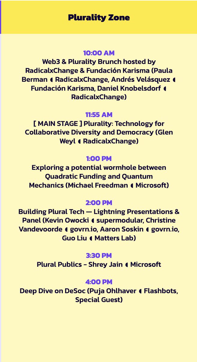 Incredible "Plurality Zone" lineup at <a href="/schellingpoint_/">Schelling Point📍</a>
Bogotá 🇨🇴!

My talk is on "plural publics". I will dive into common knowledge &amp; boundaries as it relates to cooperation. 

Don't miss <a href="/owocki/">owocki</a> <a href="/_paulaberman/">paula berman 🇧🇷🦋 paulaberman.bsky.social</a> <a href="/pujaohlhaver/">Puja Ohlhaver</a> <a href="/glenweyl/">(((E. Glen Weyl/衛谷倫))) ⿻ 🇺🇸/🇩🇪/🇹🇼</a> and others : )