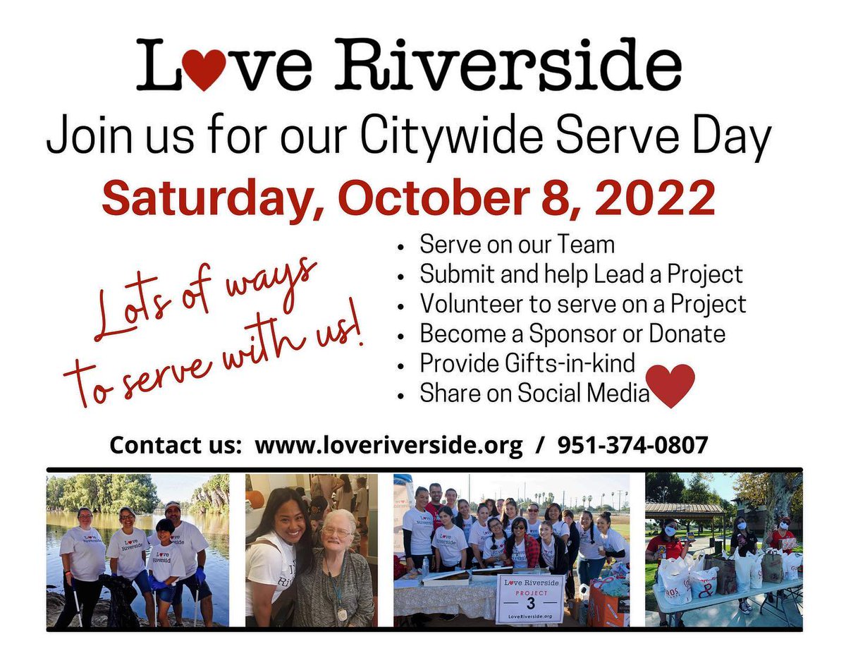Join <a href="/loveriverside16/">Love Riverside</a> for their 7th annual Citywide Serve Day on October 8th. There are various projects in the morning and afternoon that you can be a part of to show kindness to your community!

Visit loveriverside.org/communityservi… to sign up and view their project list.