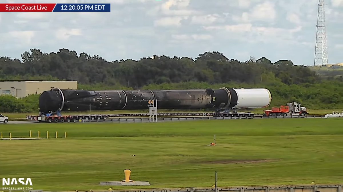 Alexphysics13's tweet image. The Falcon 9 rocket for the upcoming Galaxy 33 and 34 satellite launch has just rolled by our Space Coast Live cams at KSC. The booster, a very sooty one, should be B1060-14 judging by the soot marks. 

Watch live: nsf.live/spacecoast