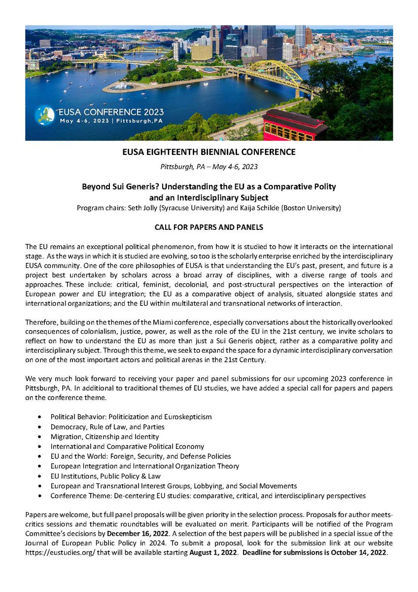 📢📅 Great news! #EUSA23 Call for Papers/Panels has been extended to next Friday, October 14th. Submit your proposal at eustudies.org. See u all in #Pittsburgh!