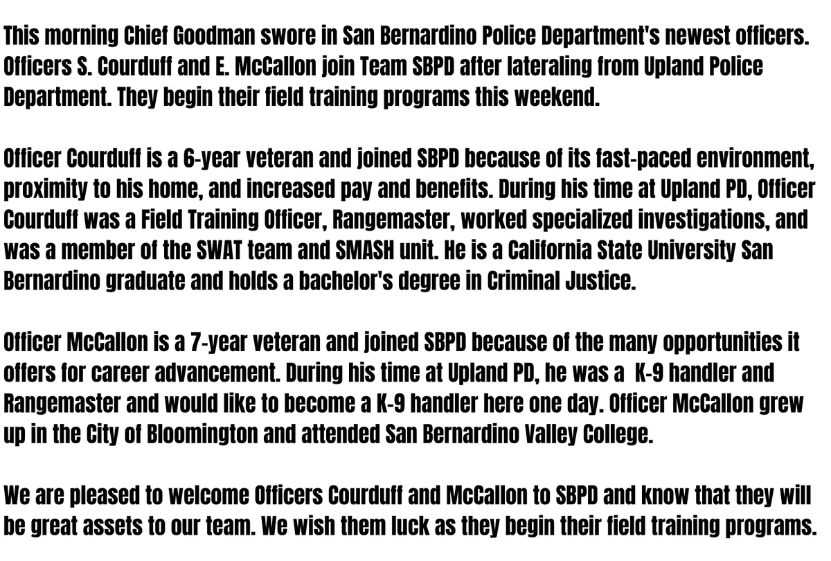 SanBernardinoPD's tweet photo. MEET SBPD'S NEWEST OFFICERS

If you are a police officer or deputy sheriff looking to make a change the San Bernardino Police Department is hiring. Apply today at https://t.co/VuSDtB75hr.

#WelcomeAboard  #JoinSBPD #WeAreHiring #LateralOfficers #StandardOfExcellence @SBPD_CHIEF https://t.co/07o63MtMtp