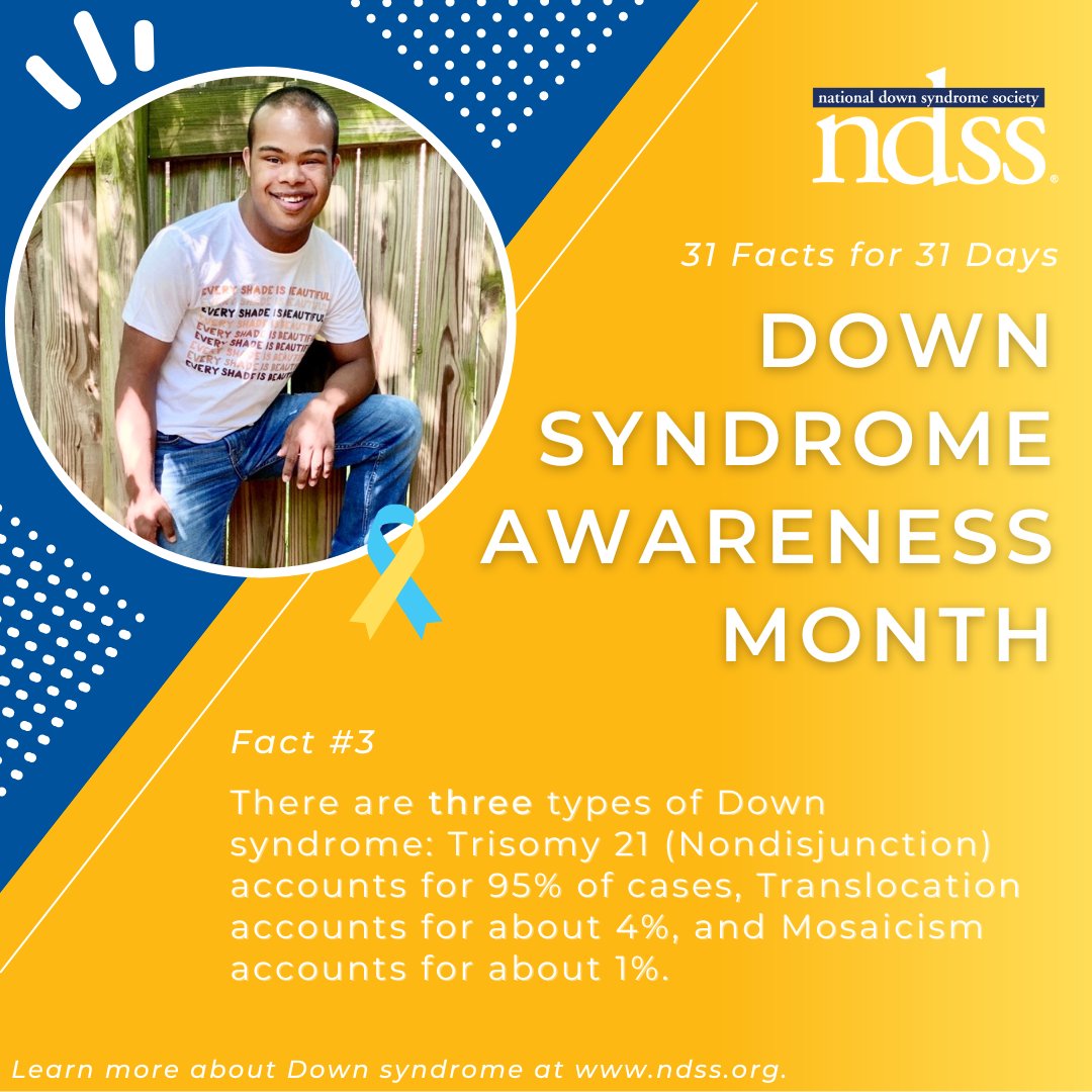 NDSS's tweet photo. Today is day 3⃣ of #DownSyndromeAwarenessMonth! Did you know there are three types of #DownSyndrome? Follow along throughout the month for more facts &amp; to celebrate #DSAM with us! https://t.co/V14Up4e3oS