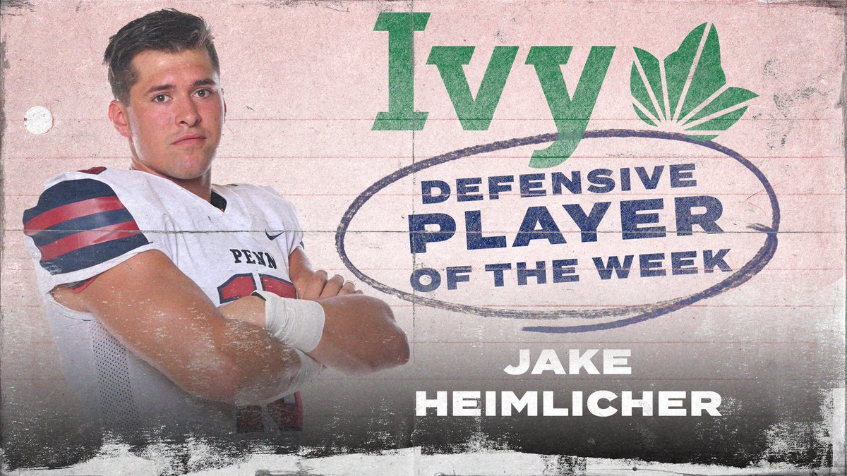 𝙐𝙉𝙋𝙍𝙀𝘾𝙀𝘿𝙀𝙉𝙏𝙀𝘿 Senior Jake Heimlicher becomes the program's first-ever back-to-back @IvyLeague Defensive Player of the Week award winner! The D-lineman led the Quaker defense against Dartmouth Friday night. 📰 bit.ly/3C5VhVG