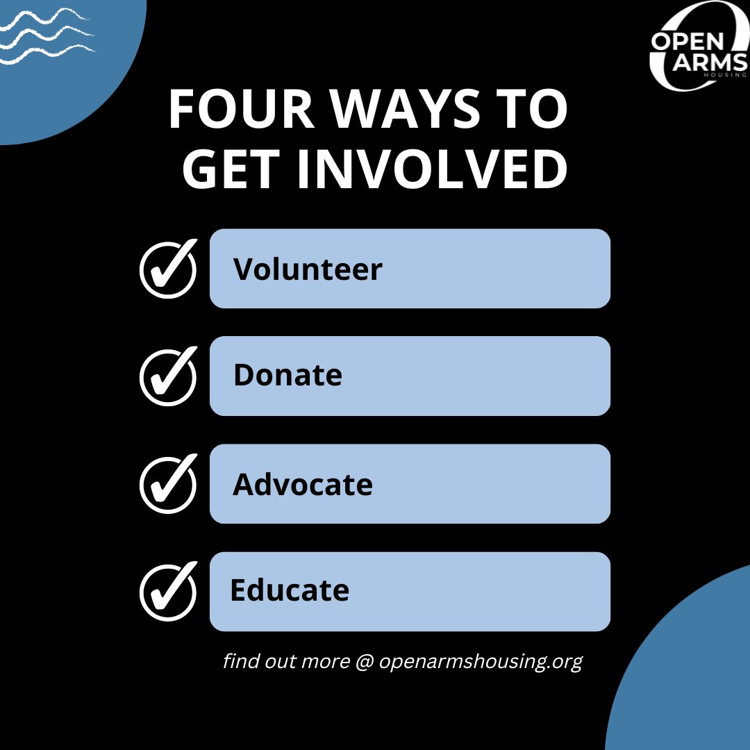 Get involved to help the homeless! Find out more on how to get involved today @ openarmshousing.org