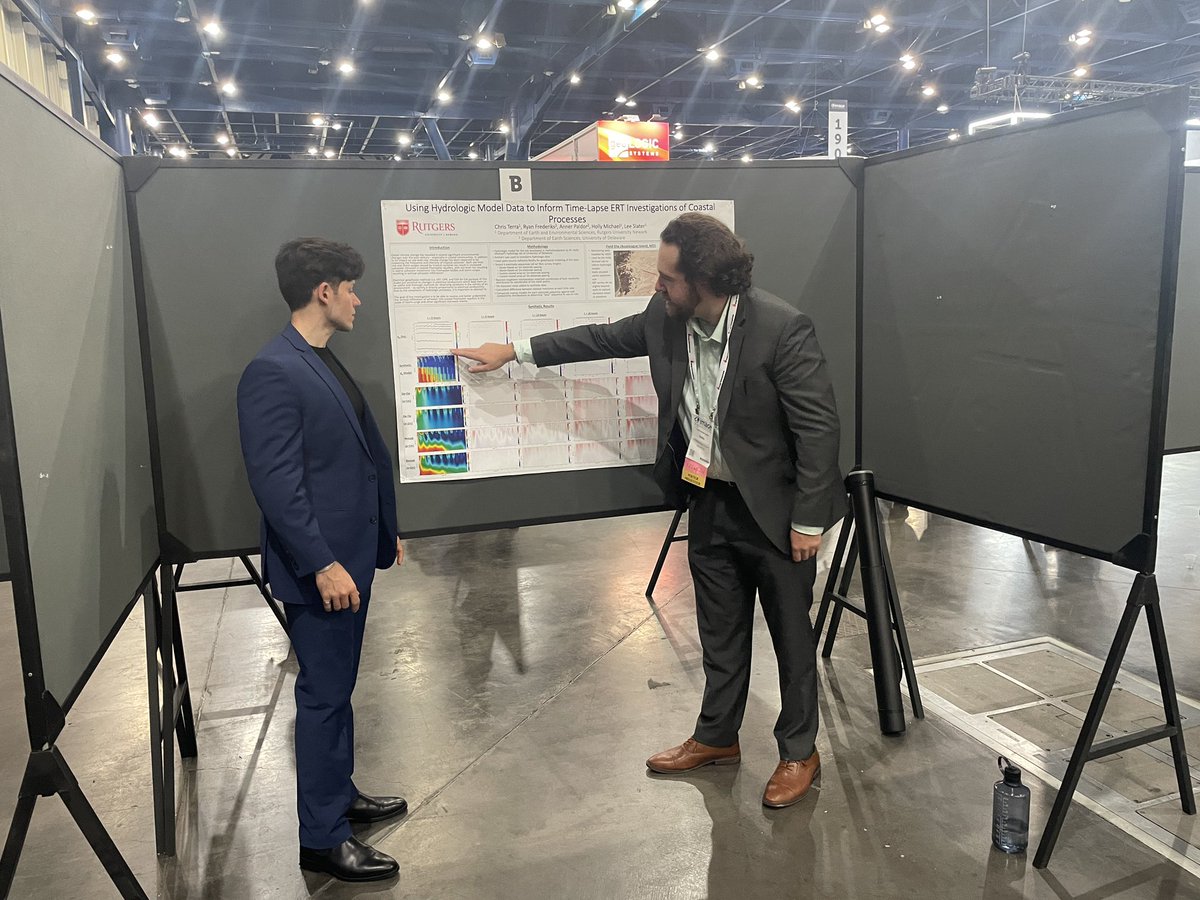 Our PhD student <a href="/TerraOnTheRocks/">Chris Terra</a> explaining his use of a synthetic ERT dataset to test different survey configurations to investigate coastal salt transport dynamics to another one of our PhD students <a href="/klaudio_ru/">Klaudio Peshtani</a> at IMAGE ‘22 (SEG &amp; AAPG) in Houston, Texas #geophysics