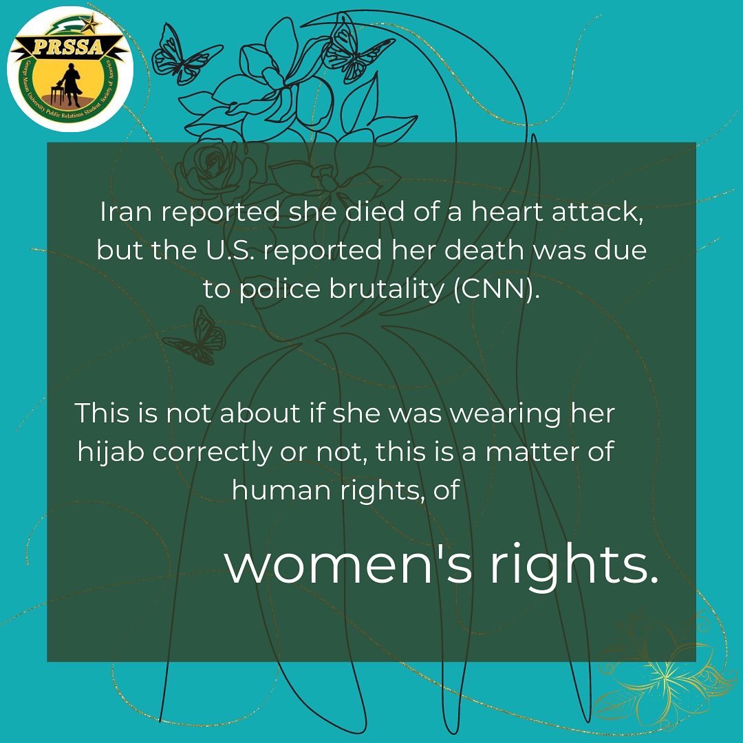 GMU_PRSSA's tweet photo. As an all female e-board, we are saddened with the brutality woman face around the world. If you are able to help in any way, please consider. This is a brutal attack on women’s rights. Sources: CNN
#mahsaamini #mahsaaminiمهسا_امینی #gmuprssa #masoncomm #thisismasoncomm #gmu https://t.co/43Y93e9FkC