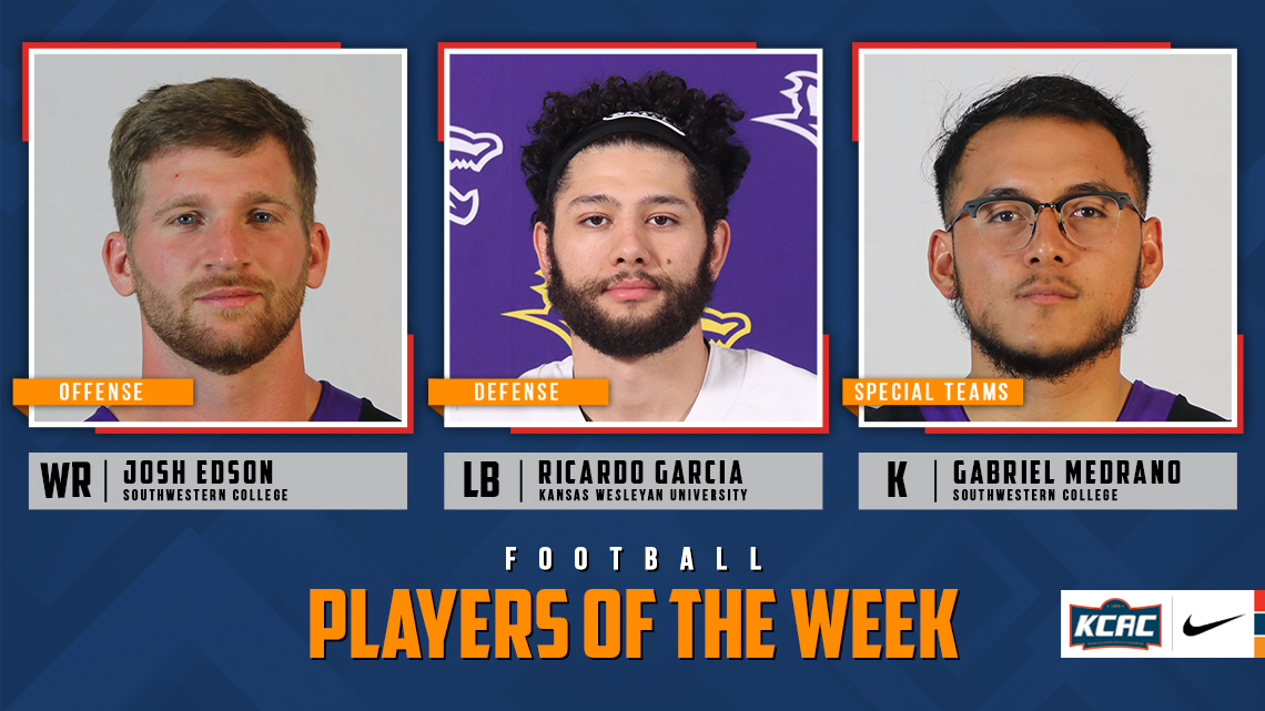 Josh Edson and Gabriel Medrano, both of <a href="/buildersports/">Southwestern College Moundbuilders</a>, and Ricardo Garcia of <a href="/kwucoyotes/">Kansas Wesleyan Coyotes</a> Earn KCAC Football Weekly Honors! bit.ly/3RMdspj #KCACfb

<a href="/NAIA/">NAIA</a> <a href="/NAIAFBALL/">NAIAFBALL</a> <a href="/RedditCFB/">RedditCFB</a>