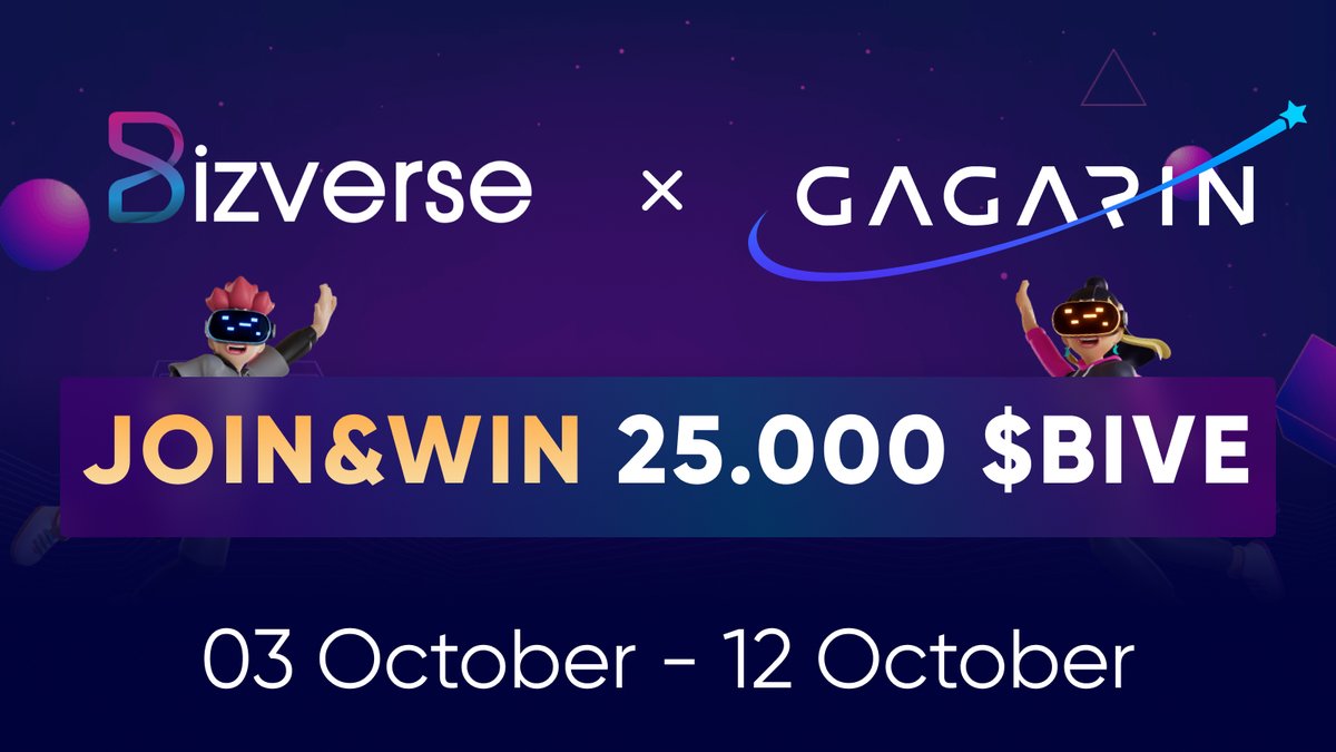 💥On the occasion of the <a href="/BizverseWorld/">Bizverse</a> #IDO on <a href="/GAGARIN_World/">GAGARIN World</a> we are announcing a 25000 $BIVE #giveaway!
 
📆 October 3 – October 12
🎁 25000 $BIVE
🏆 250 winners
 
1/ Ask your question to #Bizverse in the comment
2/ Tag 2 friends  
3/ Complete tasks 👇
gleam.io/28T6a/bizverse…