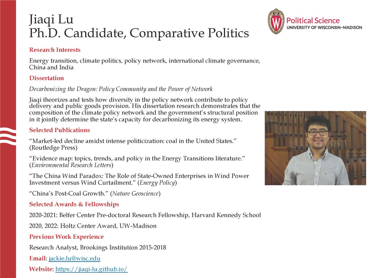 This week our featured graduate student on the job market is Ph.D. Candidate Jiaqi Lu! Jiaqi's research interests include the political economy of energy transitions and climate change, as well as the intersection of governance and technology development.