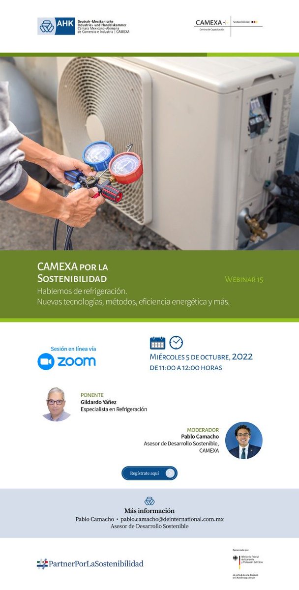 ingenieroyanez's tweet photo. @AHKMexikoCamexa y @CAMEXAPlus #Alemania🇩🇪invitan al #Webinar:#Camexa por la #sostenibilidad. Hablemos de #refrigeración: nueva #tecnologia,métodos,eficiencia energética  y más,con @ingenieroyanez y @PabloCamachoS miércoles 5 de octubre, 11:00 horas https://t.co/jXGk8CKBUx https://t.co/heGiKU9Hvi