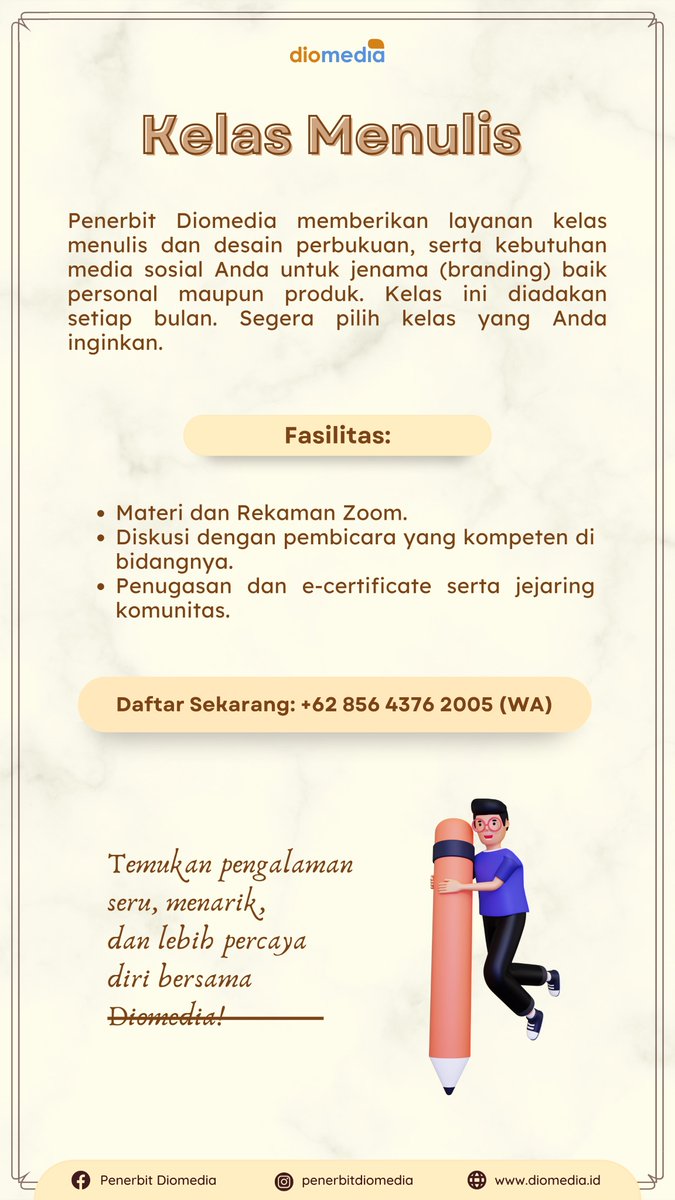 dio_media's tweet photo. Berkarya, apa pun itu dimulai dari 1 langkah. Menulis 1 buku dimulai dari 1 kata hingga utuh menjadi bacaan yang siap disuguhkan kepada pembaca. Kerja sunyi ini mengaktifkan departemen kreatif kita. 

Pilihlah kelas-kelas menulis sesuai kebutuhan Anda bersama Diomedia! https://t.co/CCEi9i6qfX