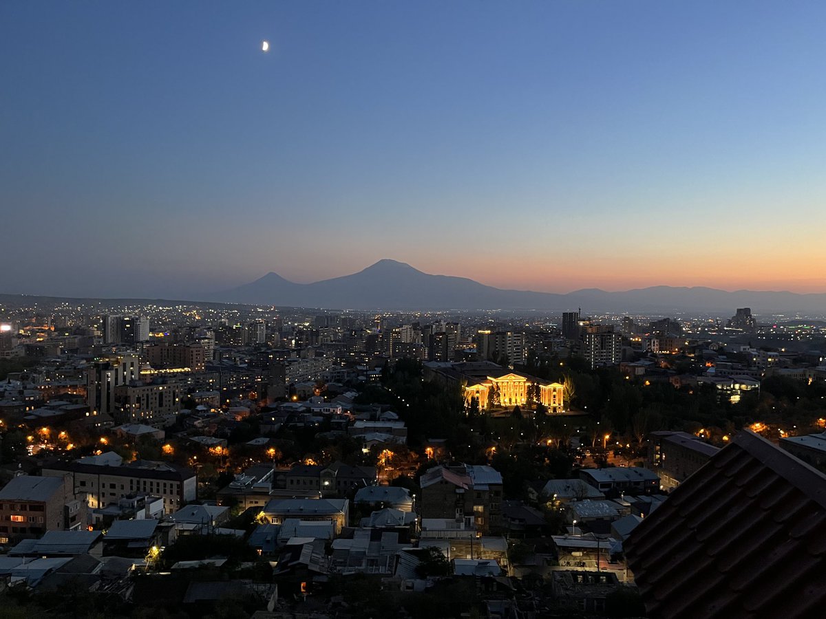MaryPapazian's tweet photo. Gorgeous view of the Yerevan skyline and Mt Ararat at dusk while visiting my good friend @Sharon Chekijian, a faculty member in emergency medicine at #Yale on a #fullbright in #armenia. https://t.co/1yG3vlZiah