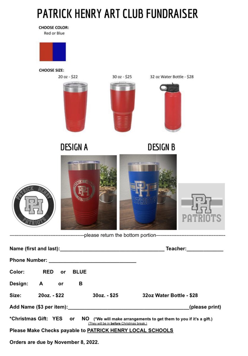 phpatriots_art's tweet photo. Art Club is selling tumblers again! Choose your color and your design! Find your art club student or email me at sgeorge@phpatriots.org with your order! Please make sure to include the information at the bottom of the flyer. https://t.co/MLz6D98Vha