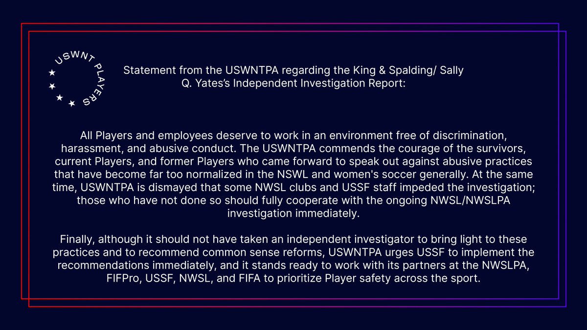 Statement from the USWNTPA regarding the King & Spalding / Sally Q. Yates’s Independent Investigation Report: Learn More: kslaw.com/news-and-insig…