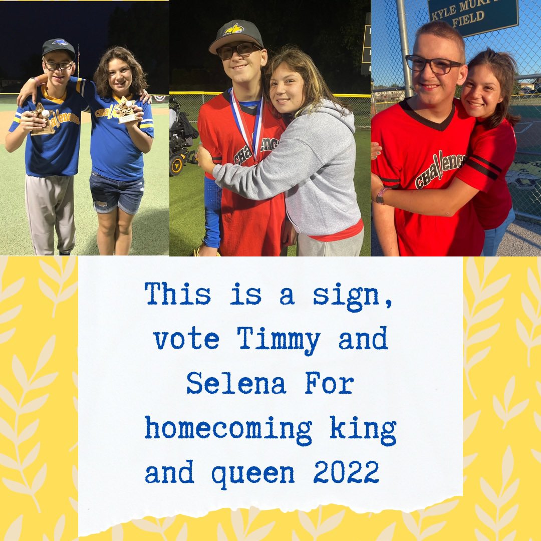 AmyMatykiewicz's tweet photo. This IS a sign!! Vote for Timmy and Selena for Homecoming king and queen 2022!! @SandburgHS  @elliebrtis @peggles2015 @baileykfoster @lucasmaty18 @austinmaty1 @TMatykiewicz @MatyKassidy @Janineneno https://t.co/tFdkjEhueK
