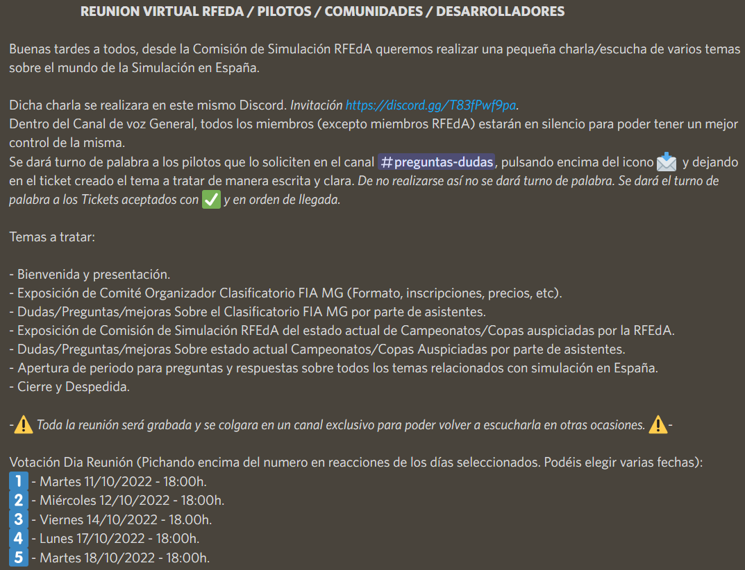 ⚠️ATENCION - PROXIMA REUNION <a href="/virtual_rfeda/">Virtual RFEDA</a> ⚠️

Todas las personas que quieran acudir son Bienvenidas en dicha Reunión. 

Se agradece un RT.😉

Mas información y votaciones en el Discord Oficial <a href="/virtual_rfeda/">Virtual RFEDA</a>: discord.gg/T83fPwf9pa