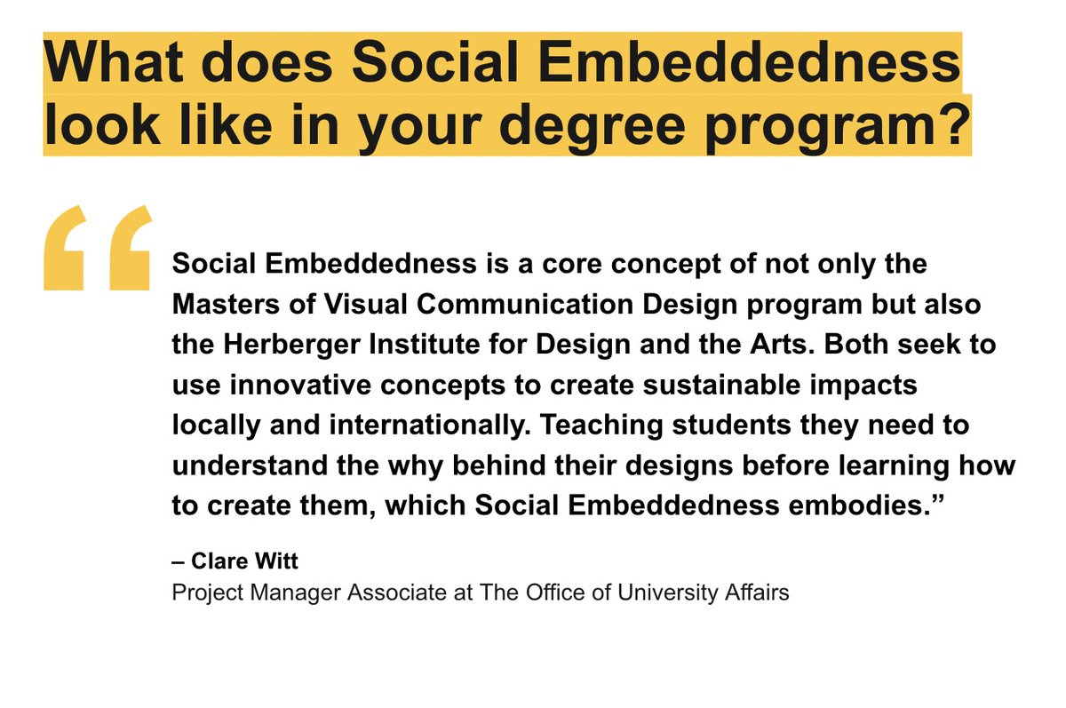 ASUEmbeddedness's tweet photo. What does Social Embeddedness mean to our student staff?
Read below how Clare Witt- Project Manager Associate at The Office of University Affairs defines Social Embeddedness and what it looks like in her degree program #ASUembeddedness
@ASUHIDA @ASUDesignSchool https://t.co/0X2D776NNe