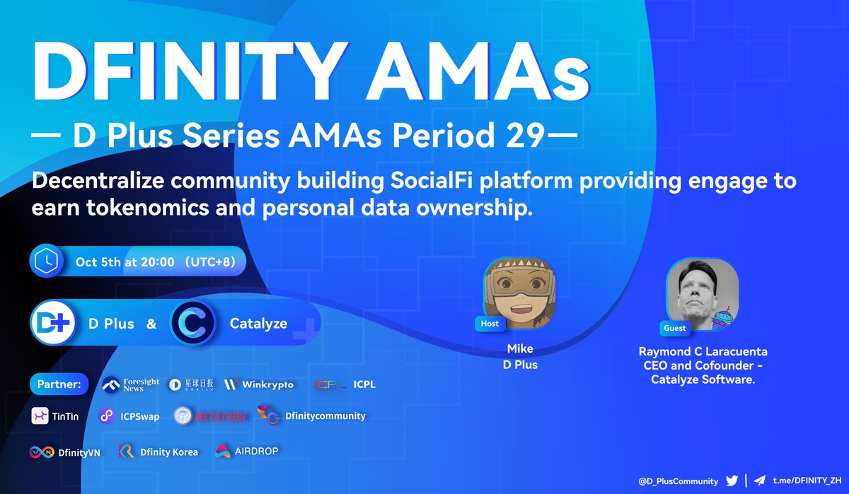 🎡We are delighted to have invited <a href="/rlaracue/">Ray Laracuenta</a>/ CEO and Cofounder - Catalyze Software to the 29th AMA of D Plus.
 
🎁Total giveaway $100 USDT
⬇️To enter:

🌹Follow: <a href="/D_PlusCommunity/">D Plus Community</a> &amp; <a href="/catalyze_one/">Catalyze Official</a>
💗Like、RT、Tag 3 friends
👉Register: catalyze.one/contact/

#IC #DFINITY #Web3