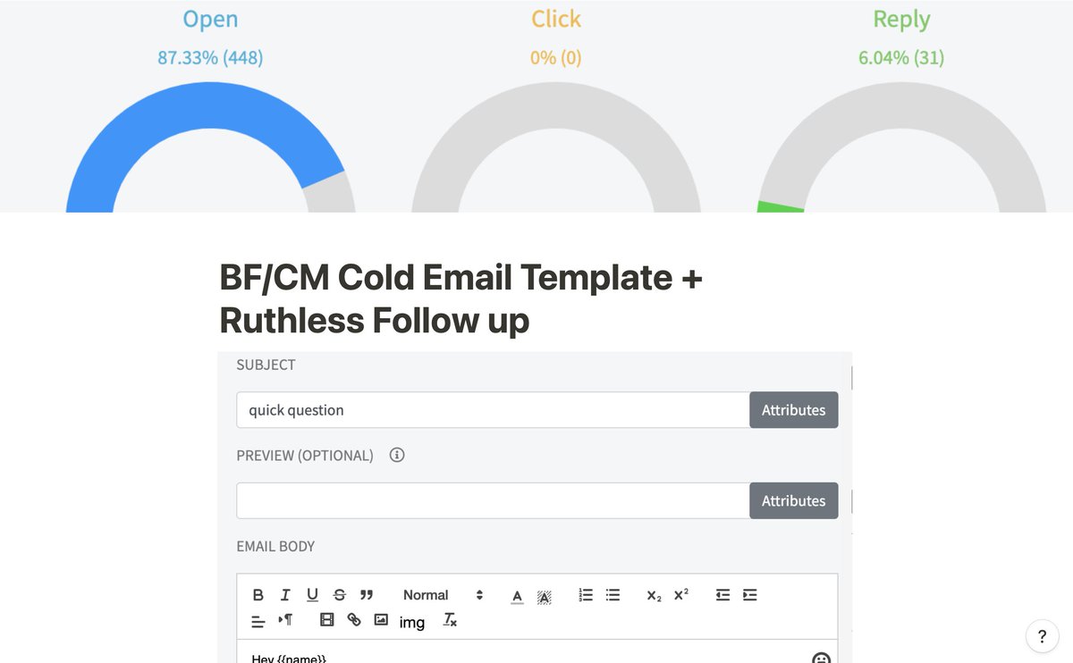 I tested a new cold email angle for Black Friday…

Instant 87% open rate &amp; 6% reply rate (not even a week deep)

I’m giving away the template + 3 follow ups + loom instructions

RT and Comment “Q4” and I’ll dm you the file

(Must be following)