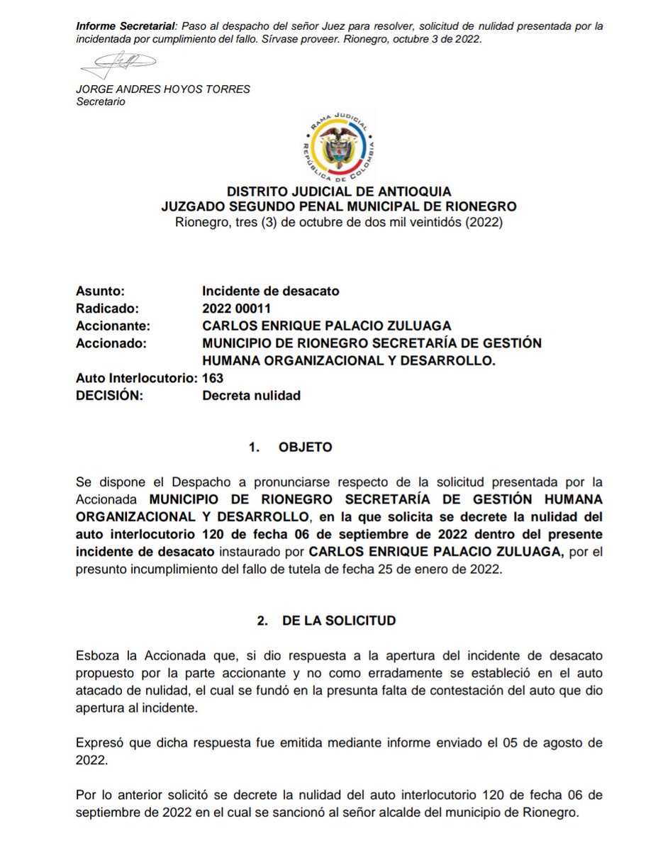 AlcRionegro's tweet photo. Como se manifestó al principio frente al cumplimiento de una Tutela, el Honorable Juez Segundo Penal de Rionegro ratifica que la Alcaldía sí dió respuesta oportuna al trámite y declara la nulidad de la orden de arresto en contra del Alcalde y la Secretaria de Gestión Humana👇 https://t.co/DqtHEnertx