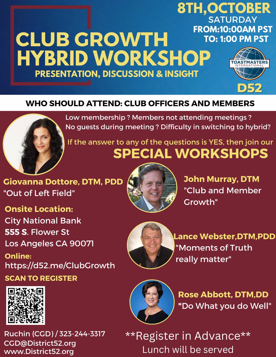 To all club officers and members, Seeking increased membership and engagement? Toastmasters District52 is holding a Hybrid Club Growth Workshop on Saturday, Oct 8, 2022, 10am to 12pm. #Toastmasters #Publicspeaking #leadership #communication

Registration in the comments section: