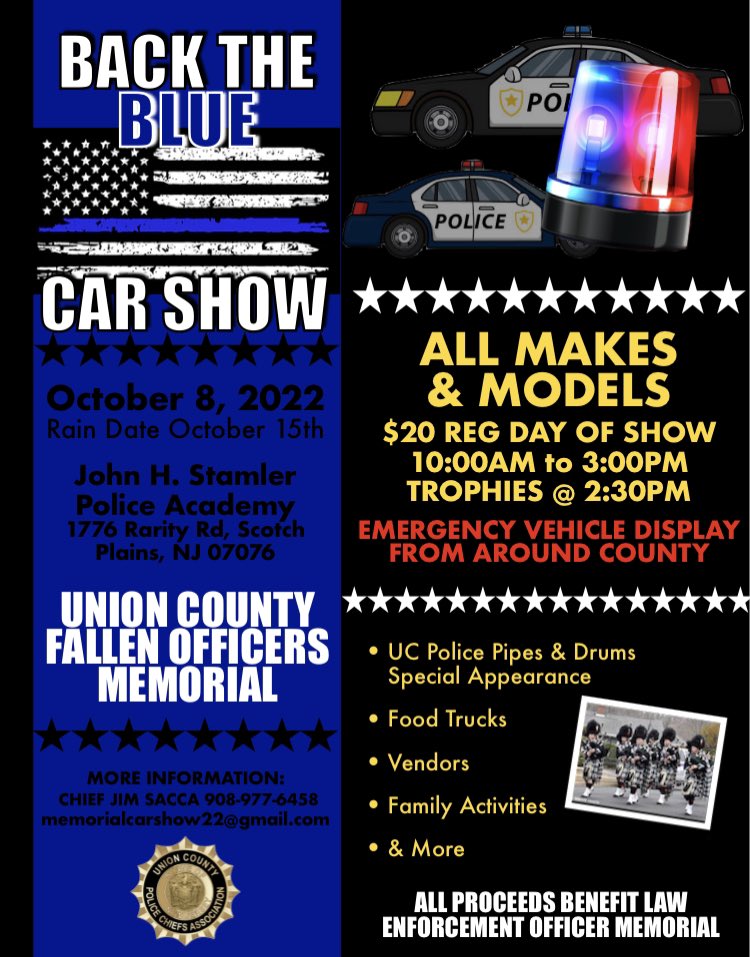 The Back the Blue Car Show will be this Saturday, October 8th (rain date of October 15th). Sponsored by the UC Police Chiefs Association, this event will benefit the construction of a new memorial in honor of officers killed in the line of duty.