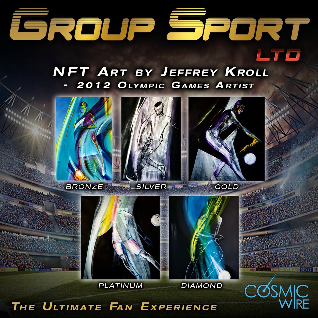GroupSportLtd's tweet photo. We're excited to have world-renowned artist Jeffrey Kroll @krollJeffrey as the artist for the Group Sport NFTs.
Kroll was an official artist of the 2012 Olympic Games in London! ⚽️
#groupsport #olympics #NFTs #sportsDAO #soccer @CosmicWireInc https://t.co/jGT3cwCSaJ