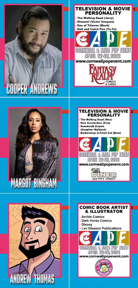 fantasyrealm's tweet photo. An all-new series of trading cards featuring CAPE 2023 Featured Guests are now available at participating businesses...
@smugorange @MargotBingham @thefatmanwholetters

@WalkingDead_AMC @AMCTalkingDead
@TourismCornwall
@ChooseCornwall
@CityofCornwall
@cape_2015 https://t.co/zTI1EDLhRa