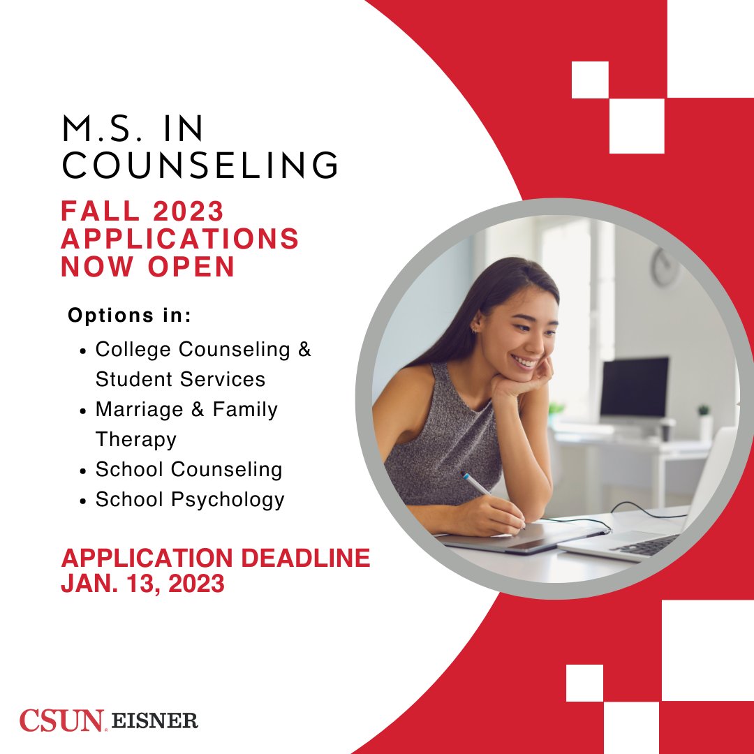 EisnerEducation's tweet photo. Now accepting applications for Fall 2023 for our M.S. in Counseling programs! Visit our webpage (link in Linktree) for admission requirements and how to apply. 
#Fall 2023 #EPC https://t.co/VNNstqMjMa