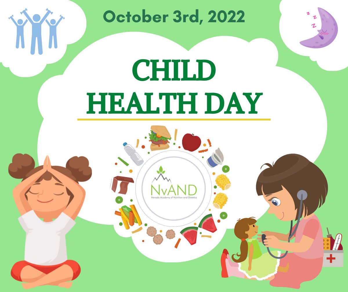 EatRightNevada's tweet photo. Today is #childhealthday! 

Kids look up to adults to learn how to be healthy. You can check out the CDC's recommendations to learn more about promoting health for kids: https://t.co/9MJl9KtEZR 
#nvand #and #healthykids #health #nutrition #physicalactivity #sleep #rest #play https://t.co/rN9zoMENTV