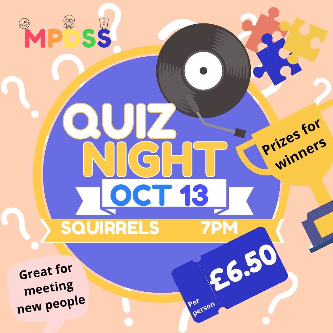 mpdssoc's tweet image. Time for a Pub Quiz! 🍻

Head to Squirrels next Thursday at 7pm to test your knowledge, meet new people and win prizes! 🤩🌈

Bring your friends and take part in helping us fund the exciting projects we have in store 😉🔧

Good luck! 🧠💛