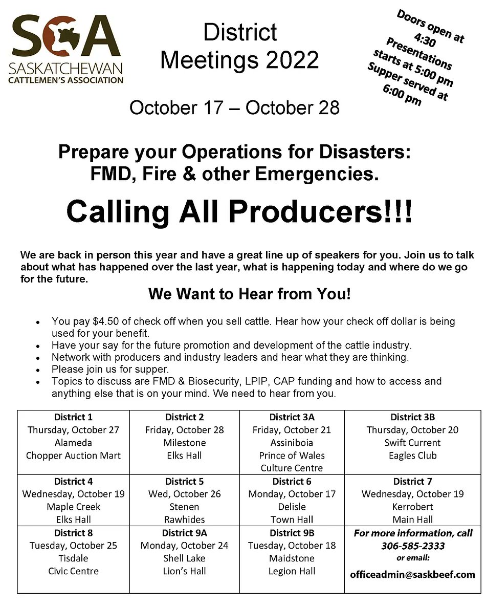 Calling all Saskatchewan beef producers! The 2022 SCA Fall Meetings schedule is now live on the SCA website. 

Click below to access the schedule!

buff.ly/3SOEhKe