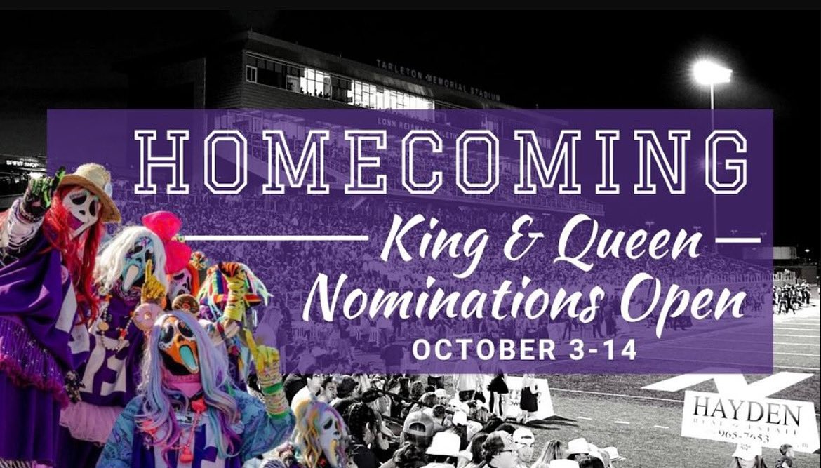 Homecoming King and Queen Nominations are open in Texan Sync from October 3-14. The link is in our bio! Stay tuned for more homecoming information coming out shortly!
