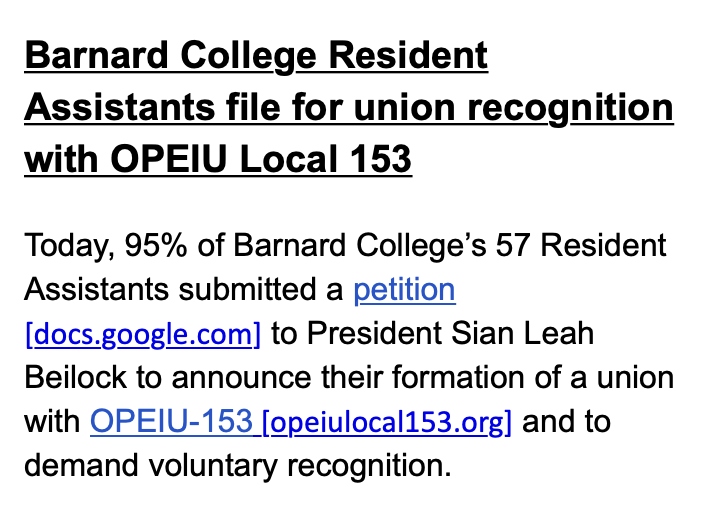 Inbox: Barnard's resident assistants just went public with a union campaign. 95% signed cards. They'd be one of the 1st groups of undergrad RAs in the US to unionize. Union organizers say it's a trend that will likely spread in the coming months.