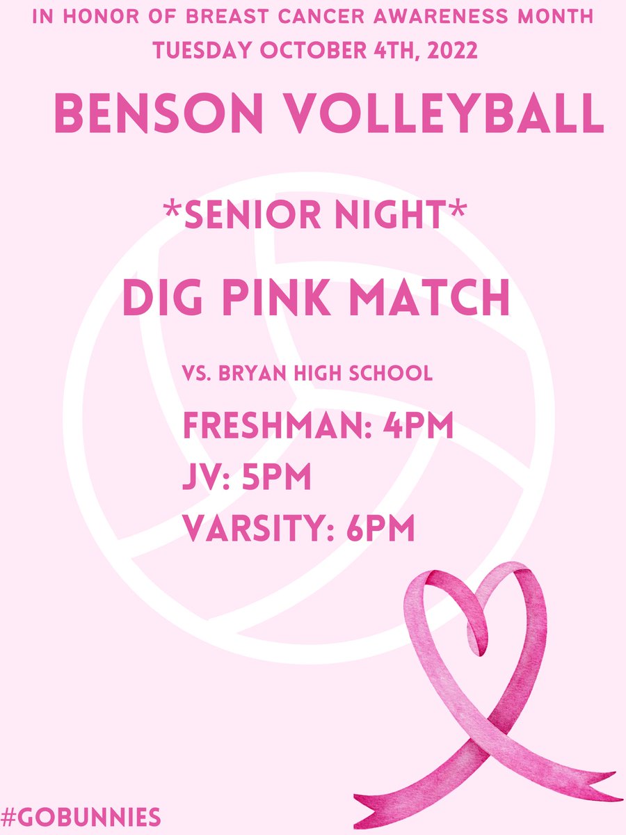 Benson_VB's tweet photo. 🏐Please join us for our "Dig Pink" match against Bryan High School on Tuesday, October 4th at Benson High. It is also our Senior night!!
Please join us in thanking all our Seniors for their contribution to Benson Volleyball!!🏐 https://t.co/tXjrYqsfVi