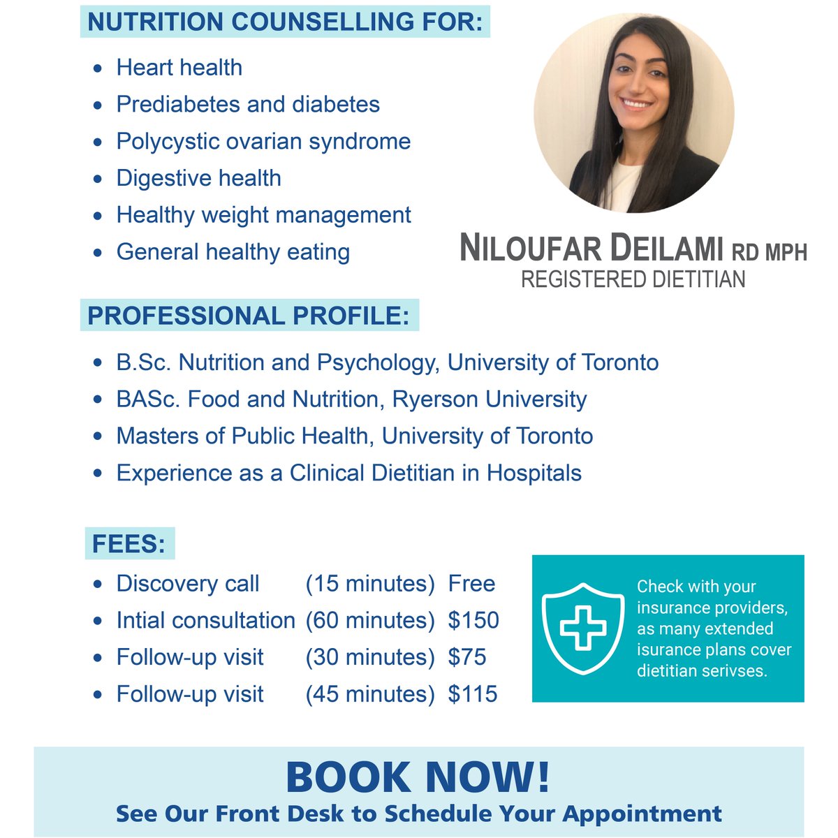 InfinityMedYVR's tweet photo. We are excited to welcome Niloufar (Nilou) Deilami to the IMSC!  She is a clinical dietitian experienced in the nutritional management of diabetes, prediabetes, hypertension, heart disease, obesity, COPD, PCOS and IBS.  Call us to book your appointment! https://t.co/FRIMtkkBZ7