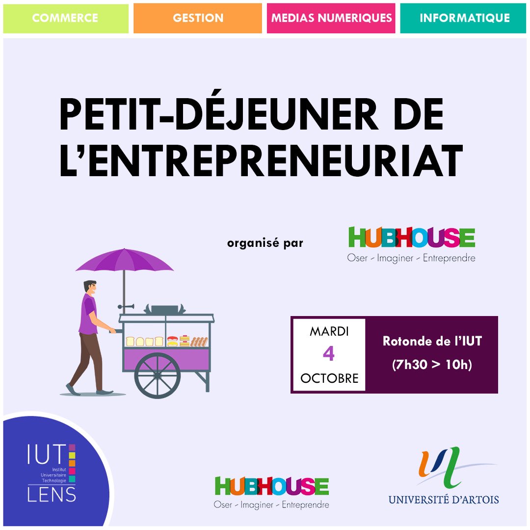 IUTdeLens's tweet image. 🔵 L'équipe du @HUBHOUSEARTOIS organise un "Petit-déjeuner de l'entrepreneuriat" ce mardi 4 octobre de 7h30 à 10h sous la rotonde de l’IUT.

L’occasion pour les étudiants de discuter entrepreneuriat autour d’un café ou d’un jus d’orange et d’une viennoiserie !