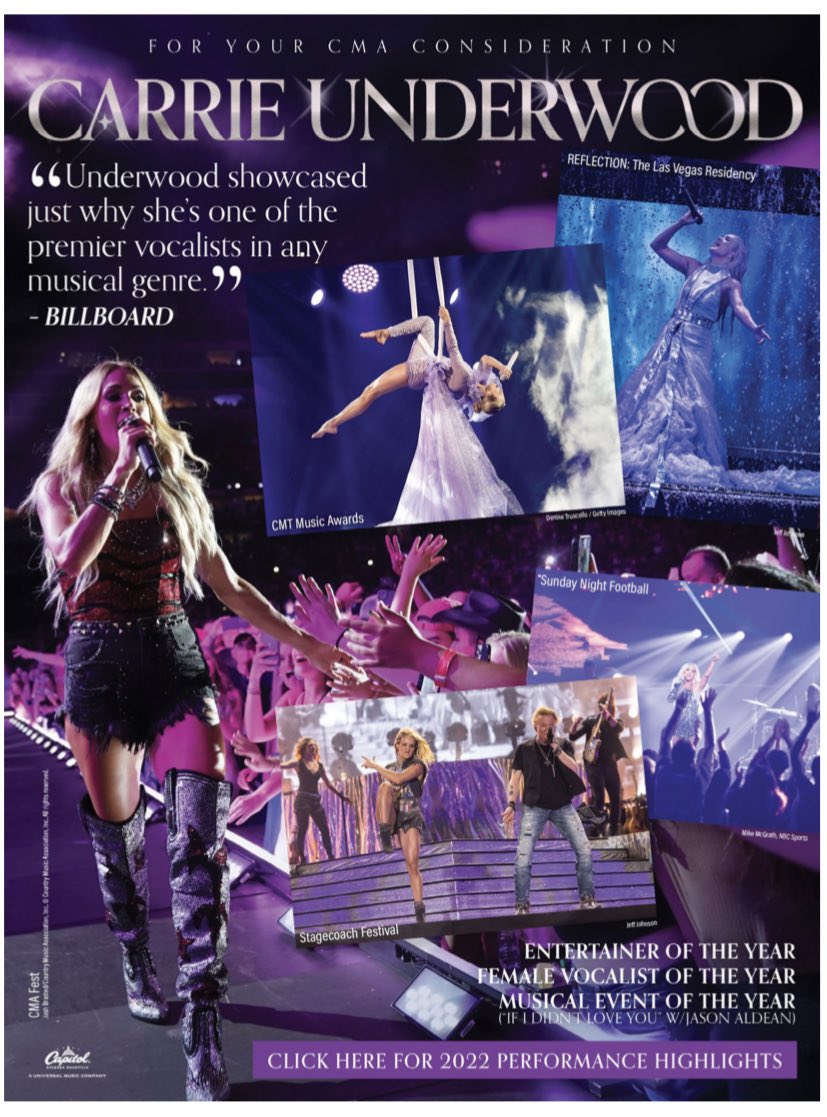 allabout_cu's tweet image. New CMA ad for Carrie from Country Aircheck’s CMA voter guide #CU4EOTY